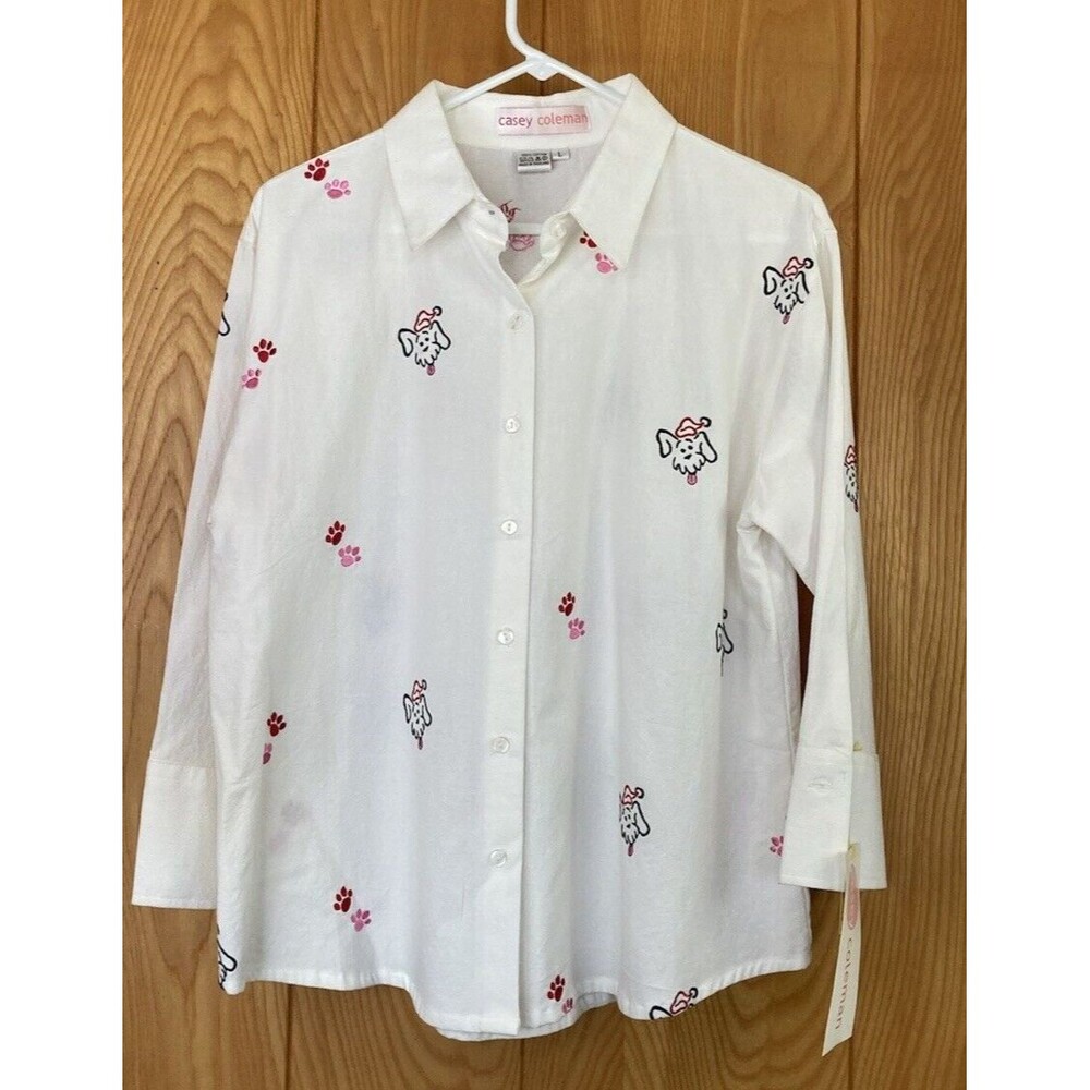 Casey Coleman Women's Blouse L Jolly Dogs Christmas Embroidered Whimsy Artsy - Picture 3 of 8